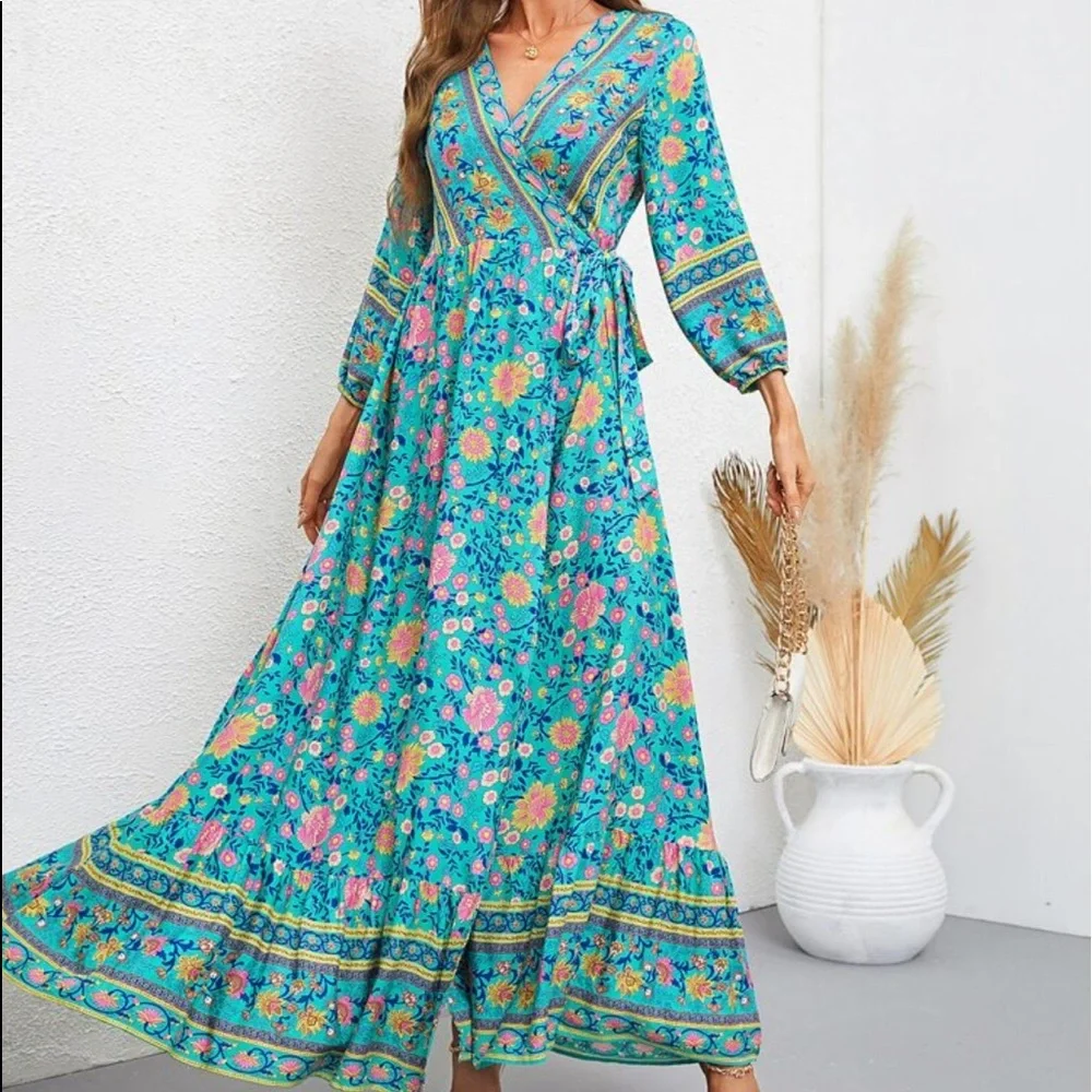 Boho Gypsy Floral Paisley Print Ruffle WRAP Maxi Dress - Picture 3 of 9